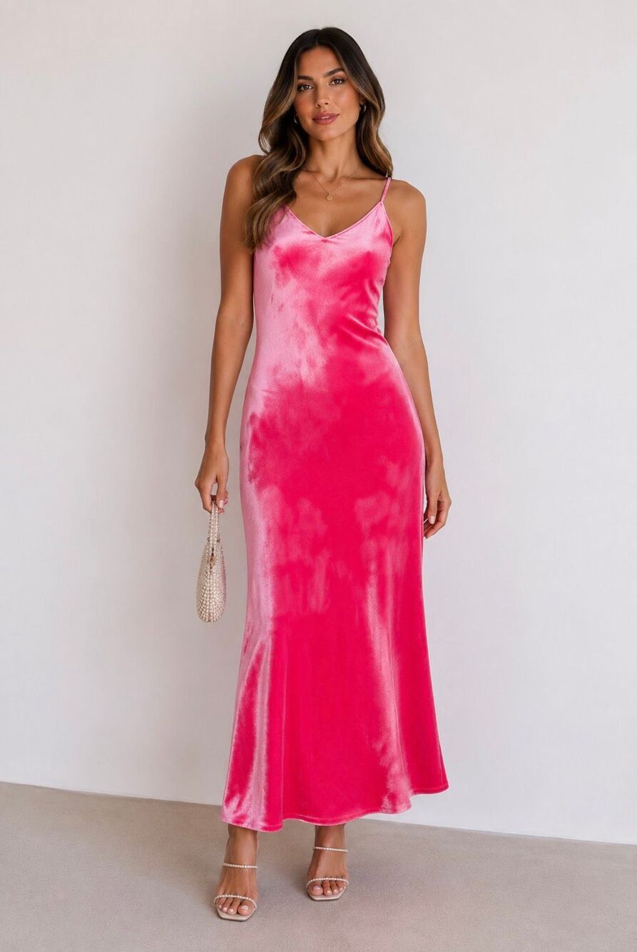 Le Superbe Silk Blend Velvet Bias Slip Maxi Dress Pink V Neck Spaghetti Strap 2